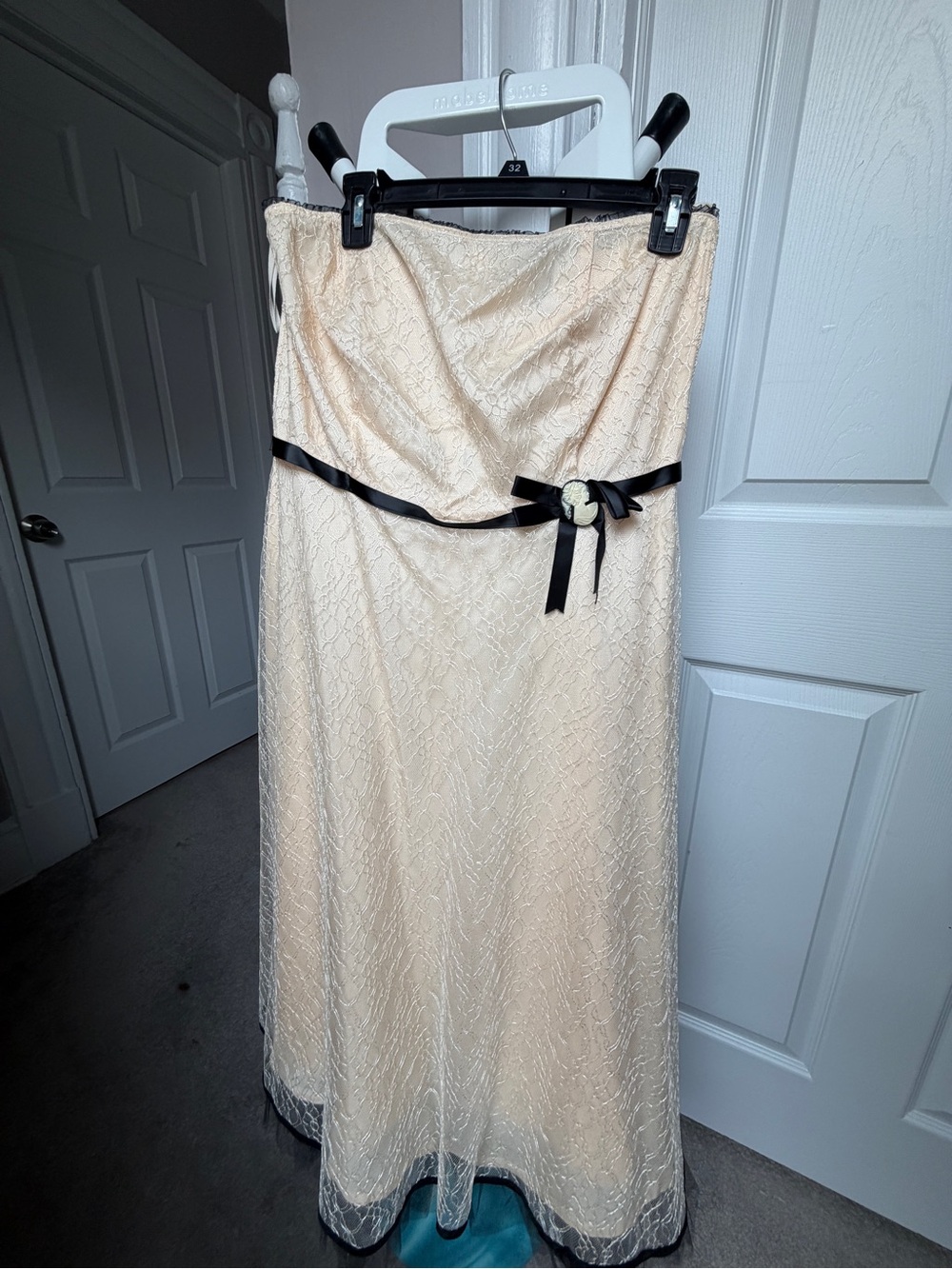 Vintage Charlotte Russe Cream Strapless Maxi Dress Black Bow | Size 13 | Y2K